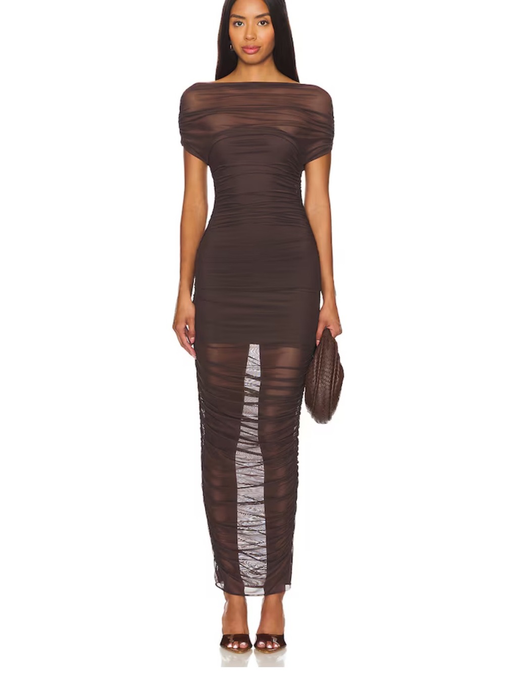 New with Flaw Seroya Noel Off Shoulder Mesh Midi Dress in Ash Brown XS